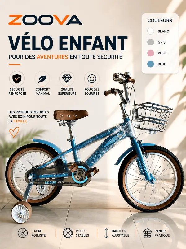 Vélo Enfant Zoova BDDUO : Roues Stabilisatrices, Panier Avant, Hauteur Ajustable
